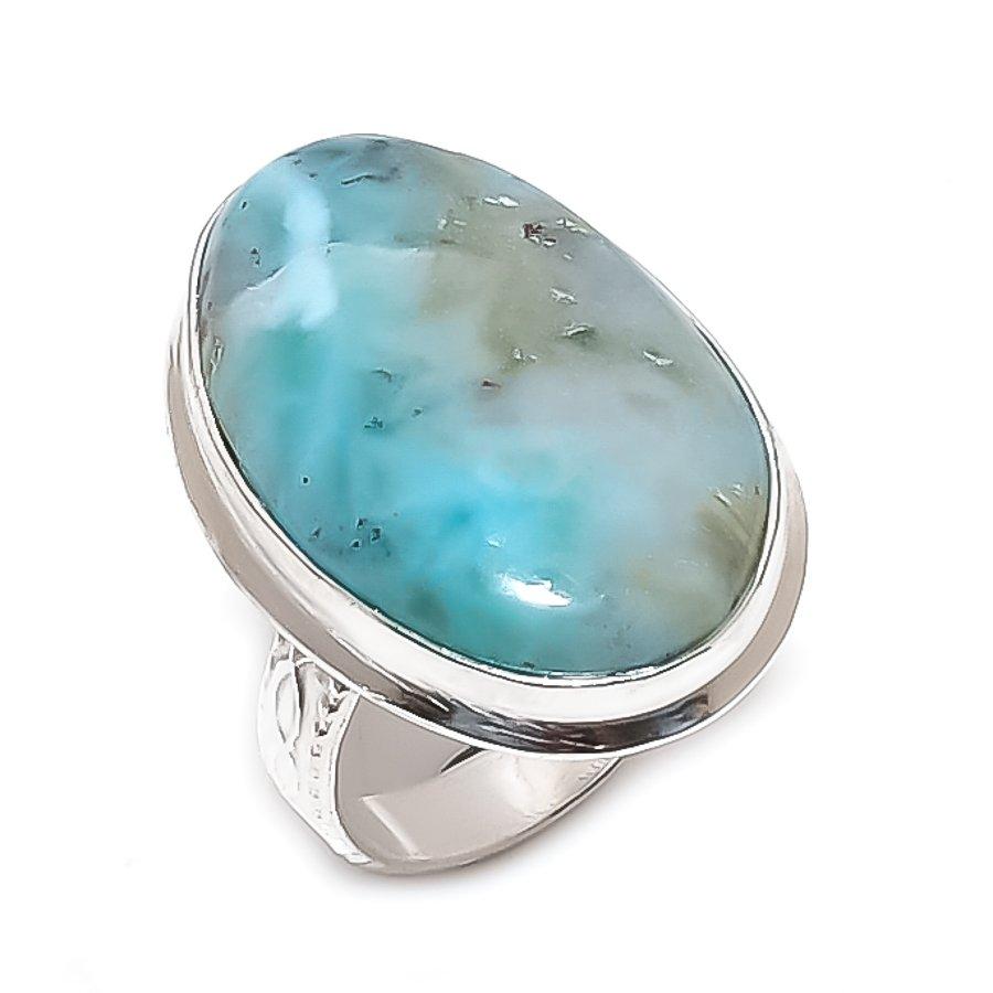 Natural Larimar Gemstone Handmade 925 Sterling Silver Jewelry Ring Size 7 l0y40