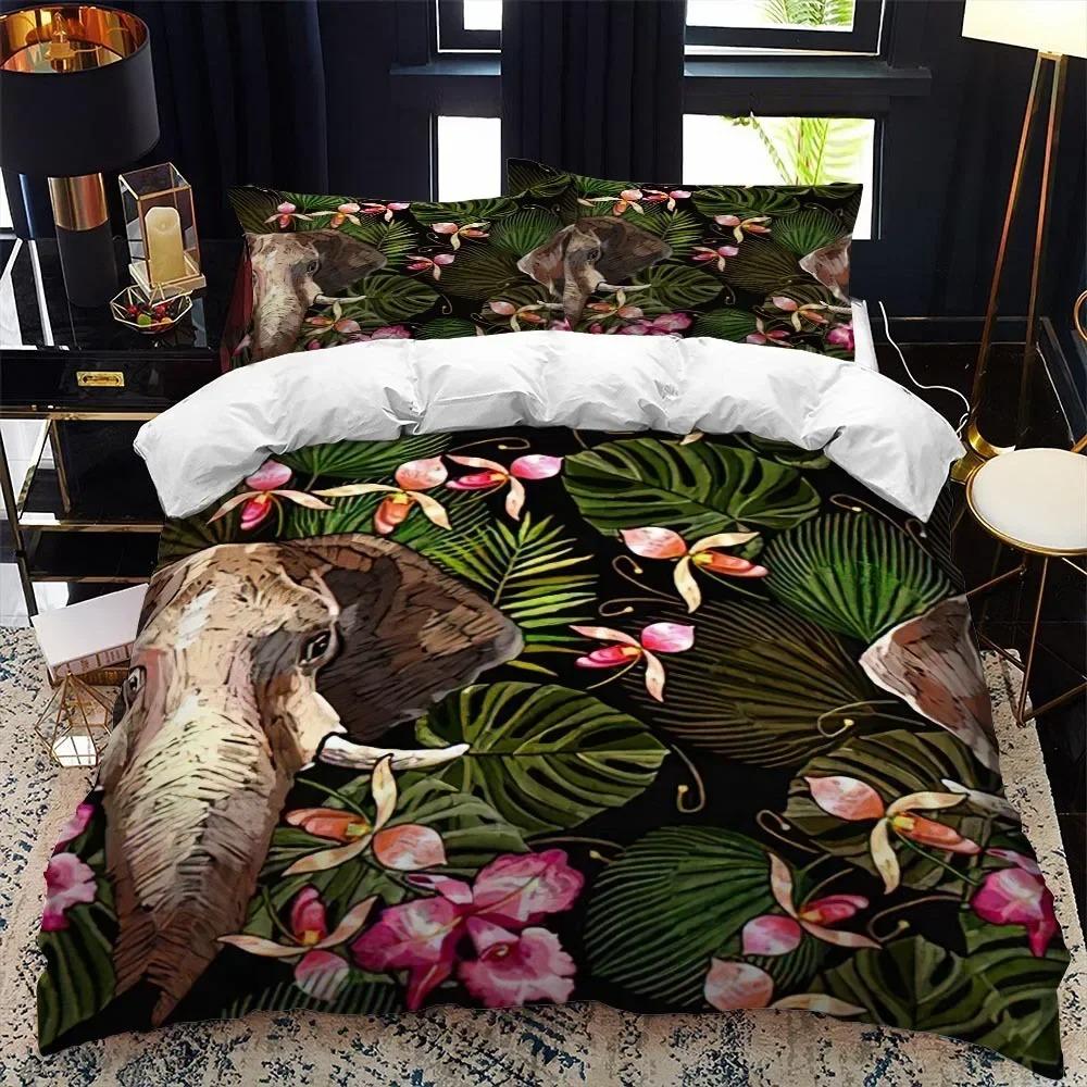 Safari Elephant Duvet Cover Set, Wild Animal Print Bedding Quilt Cover Pillowcases for Adults Twin Queen King Size