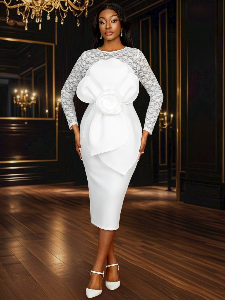 Elegant White Midi Dress for Women Lace Sleeve Bodycon Style with Oversized 3D Flower Front Church Wedding Guest Formal Evening Outfit