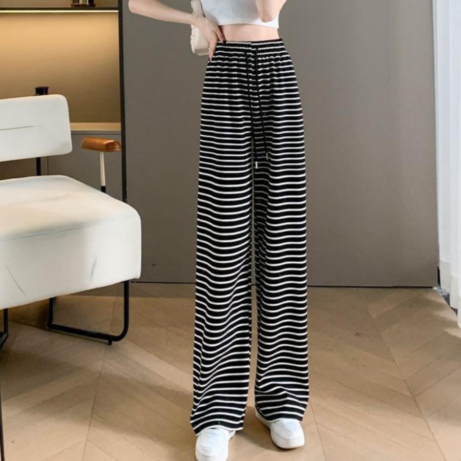 Pantalones de Pierna Ancha a Rayas Blancas y Negras para Mujer Primavera Verano Pierna Recta Sueltos Casuales Pantalones Versátiles con Estampado de Cebra