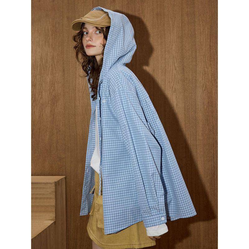 High-End Retro Loose-Fitting Versatile Blue Plaid Coolhut2025 Autumn Women's Simple American-Style Hooded Jacket