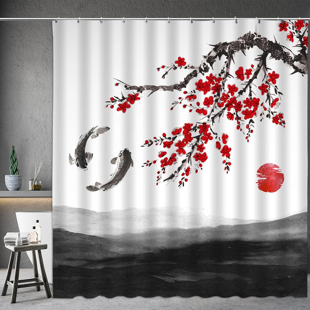 Asian Shower Curtain Japanese Traditional Black and White Mt. Fuji Cherry Blossom Fish Waves Red Sun Octopus Bathroom Decoration
