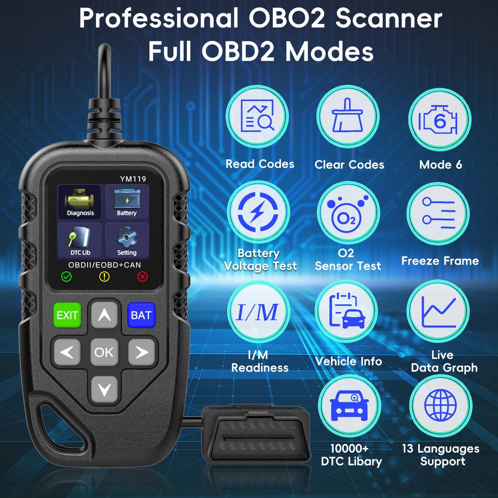 OBD2 skener s testem baterie, OBDII/EOBD skener diagnostický nástroj čtečka kódů auta CAN skenovací nástroj, čtečka kódů závad motoru