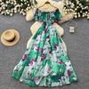 Pure desire wind one-word shoulder ruffle edge floral dress women's summer sleeveless waist thin temperament holiday style long dress