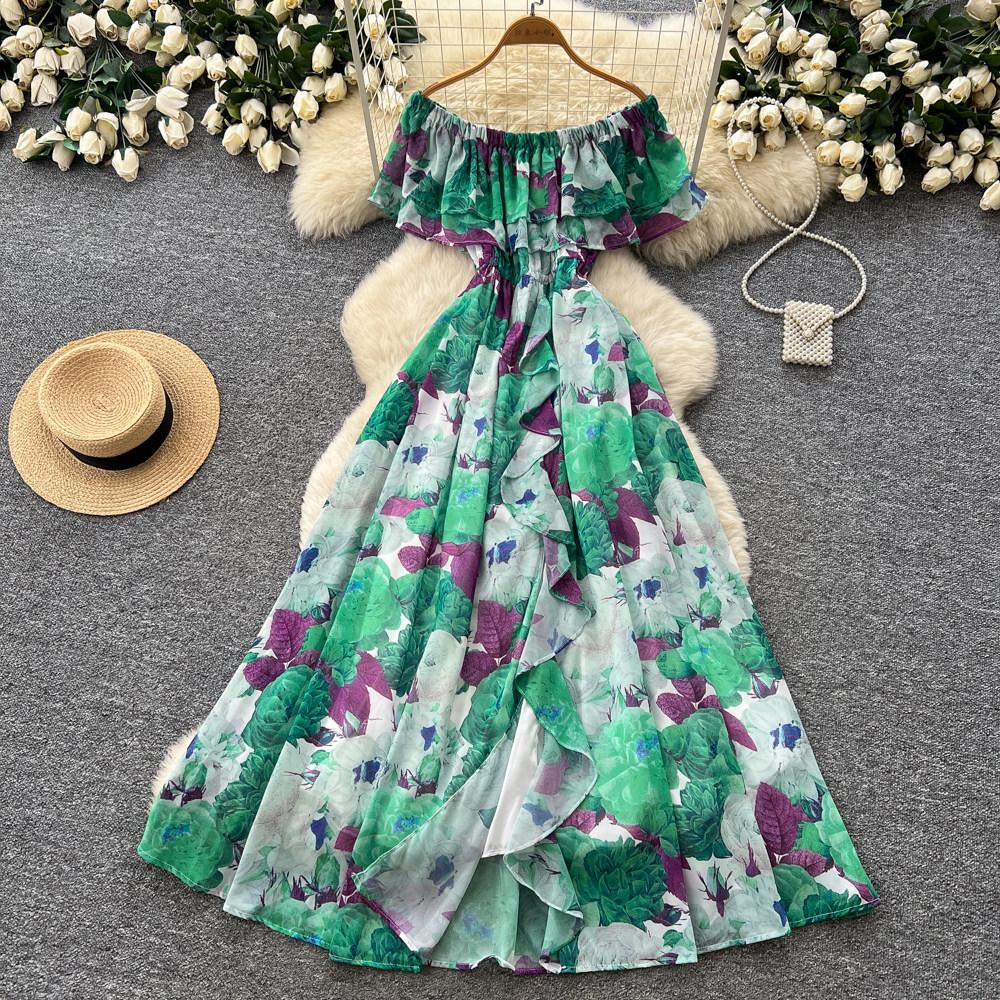 Pure desire wind one-word shoulder ruffle edge floral dress women's summer sleeveless waist thin temperament holiday style long dress