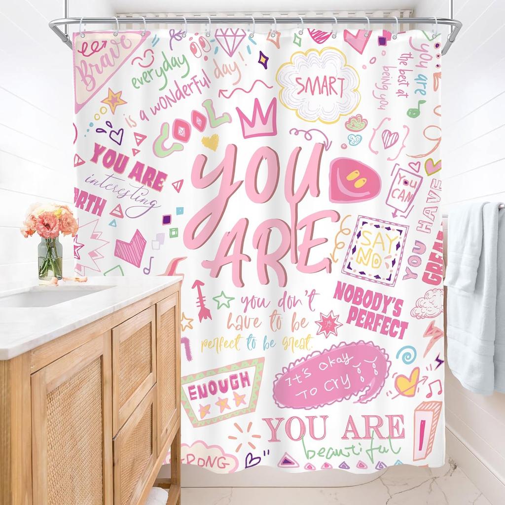 Kids Positive Quotes Shower Curtain Pink Neon Cute Funny Abstract Graffiti Girls Girly Teens You are Artwork Cloth  Waterproof