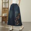 Plus Size Thin Vintage Embroidery Animal Floral High Waist Casual Loose Women Summer Jeans Denim Wide Leg Pants