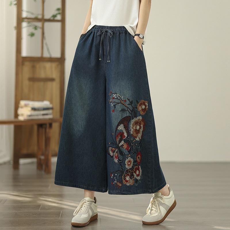 Plus Size Thin Vintage Embroidery Animal Floral High Waist Casual Loose Women Summer Jeans Denim Wide Leg Pants
