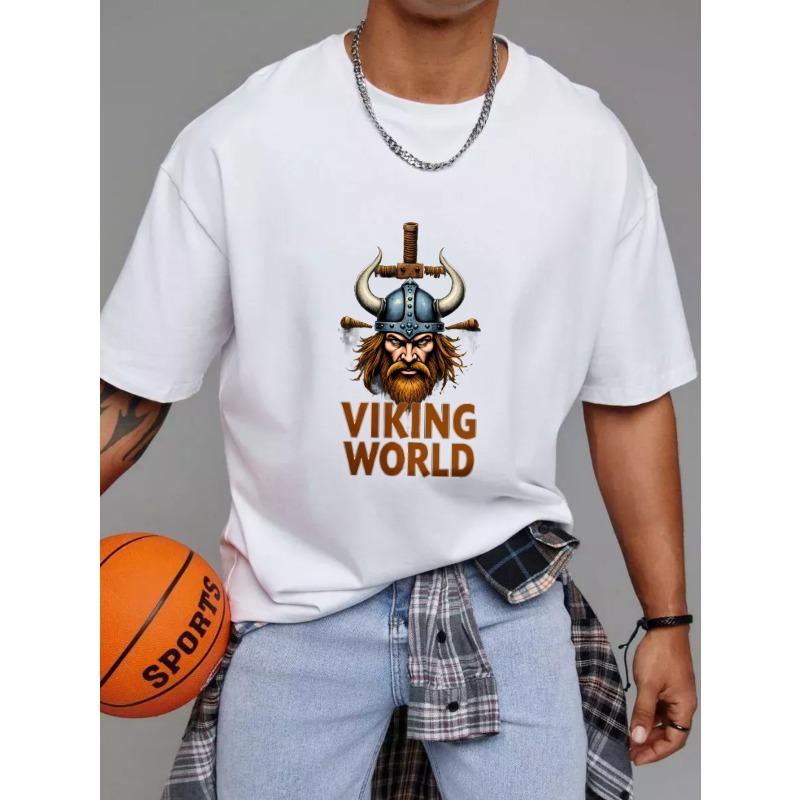 Viking Welt T-Shirt Weiß Wikinger Krieger Helm und Schwert Grafikdruck für Freizeitkleidung