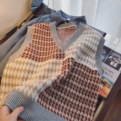 Pullover Vintage Lingplaid Sweater Vest Spring and Autumn 2023 Women Loose Outfitting V-neck Contrast Knitted Tank Female Top
