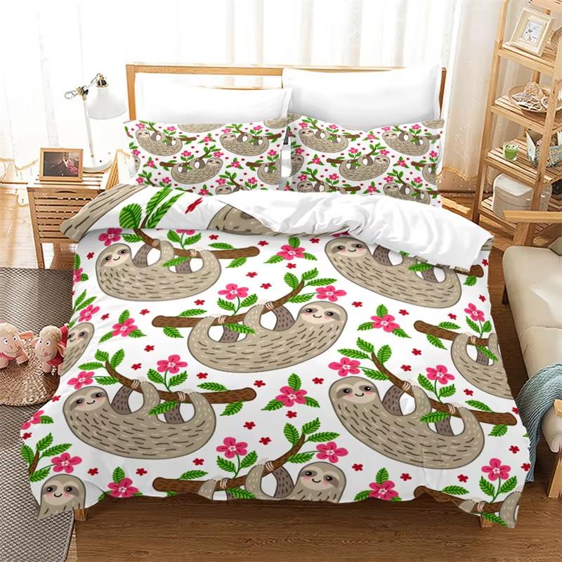 Carton Animal Soft Duvet Cover Funy Sloth Gren Leaves Beding Set Twin King For Young Boys Young Girls Ten Rom Decor Microfiber Comfortable Quilt Cover 120*200cm Single