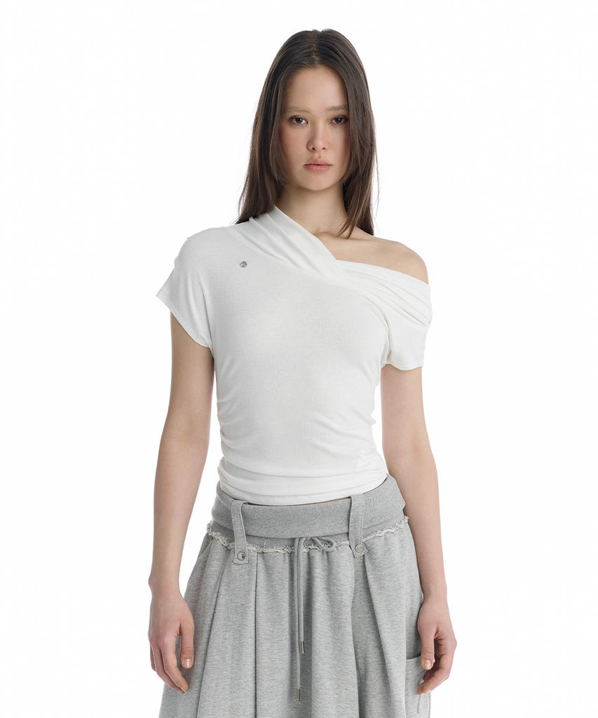Teulimingbeodeu Asymmetric Draped Off-Shoulder Top [ White ]