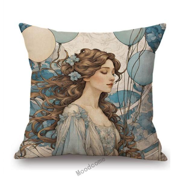 Mucha Style Floral Princess Girl Pink Purple Blue Pretty Flower Daughter Room Decoration Sofa Pillow Case Spring Cushion Cover