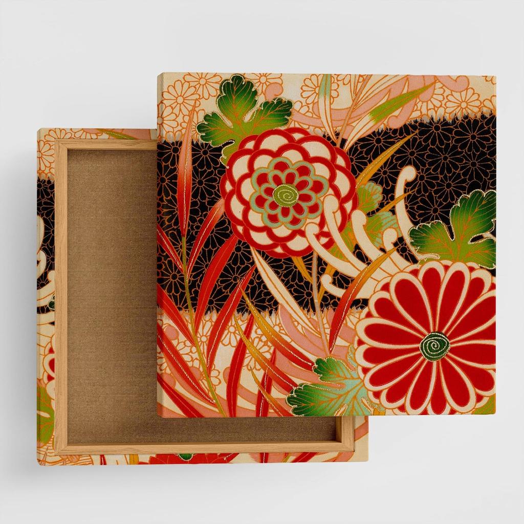 Japanese Kimono Floral and Geometric Fabric Wall Panel, 57 x 57 cm