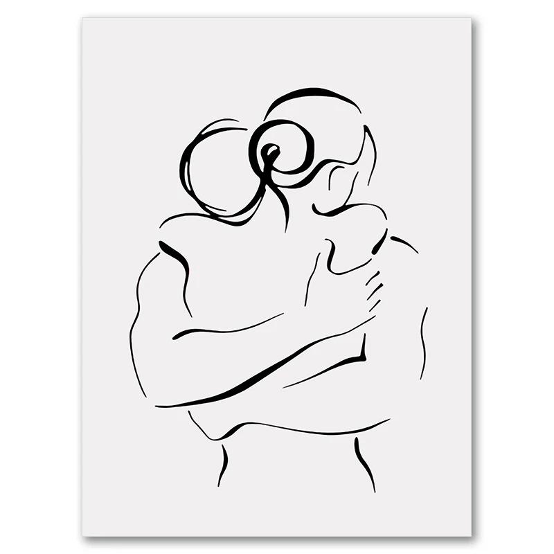 Romantic Love Couple Line Plakáty Líbání Objímání Držet se za ruce Malba na plátně a tisky Nástěnné obrazy do obývacího pokoje