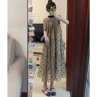 French Neck Polka Dot Dress Women's Summer New Seaside Vacation Style Small Sleeveless Temperament Long Dress