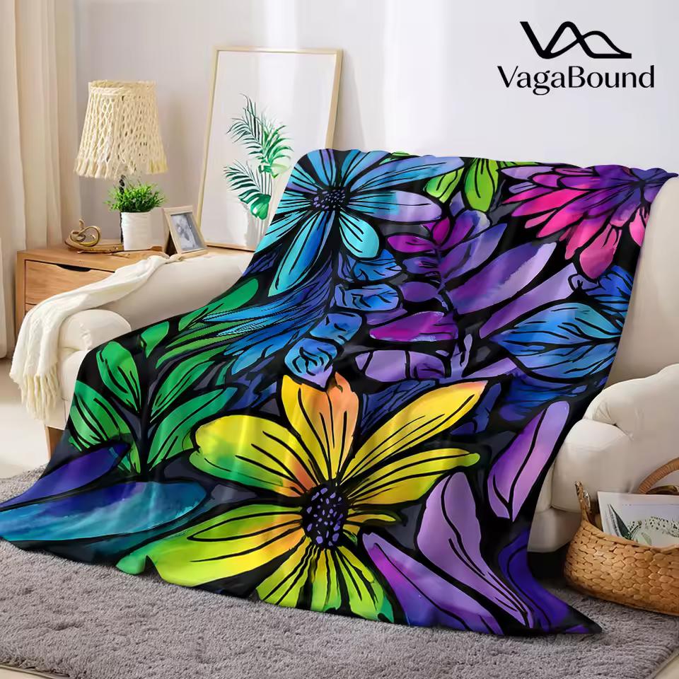 Neon Floral Flannel Blanket Warm Soft Halloween Christmas Decorative Couch Warm Cozy All-Season Gift