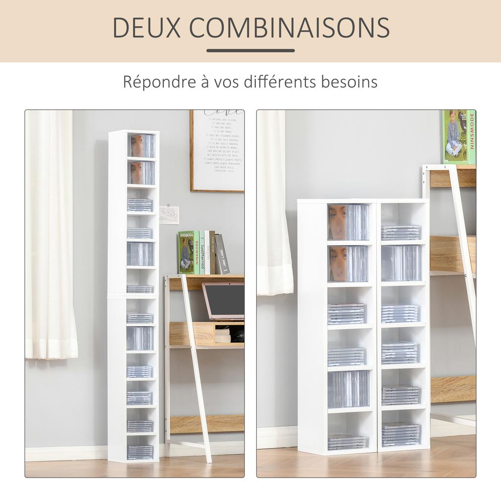 Set of 2 Column Shelves CD-DVD Storage Cabinet 6 + 6 Compartments Dim. 21L X 19W X 88H Cm Max. Capacity 160 CDs White