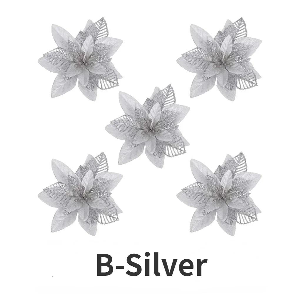 20/5PCS Artificial Glitter Christmas Flowers with Clip Xmas Tree Hanging Ornament Fake Flower New Year Party Home Decor Supplies