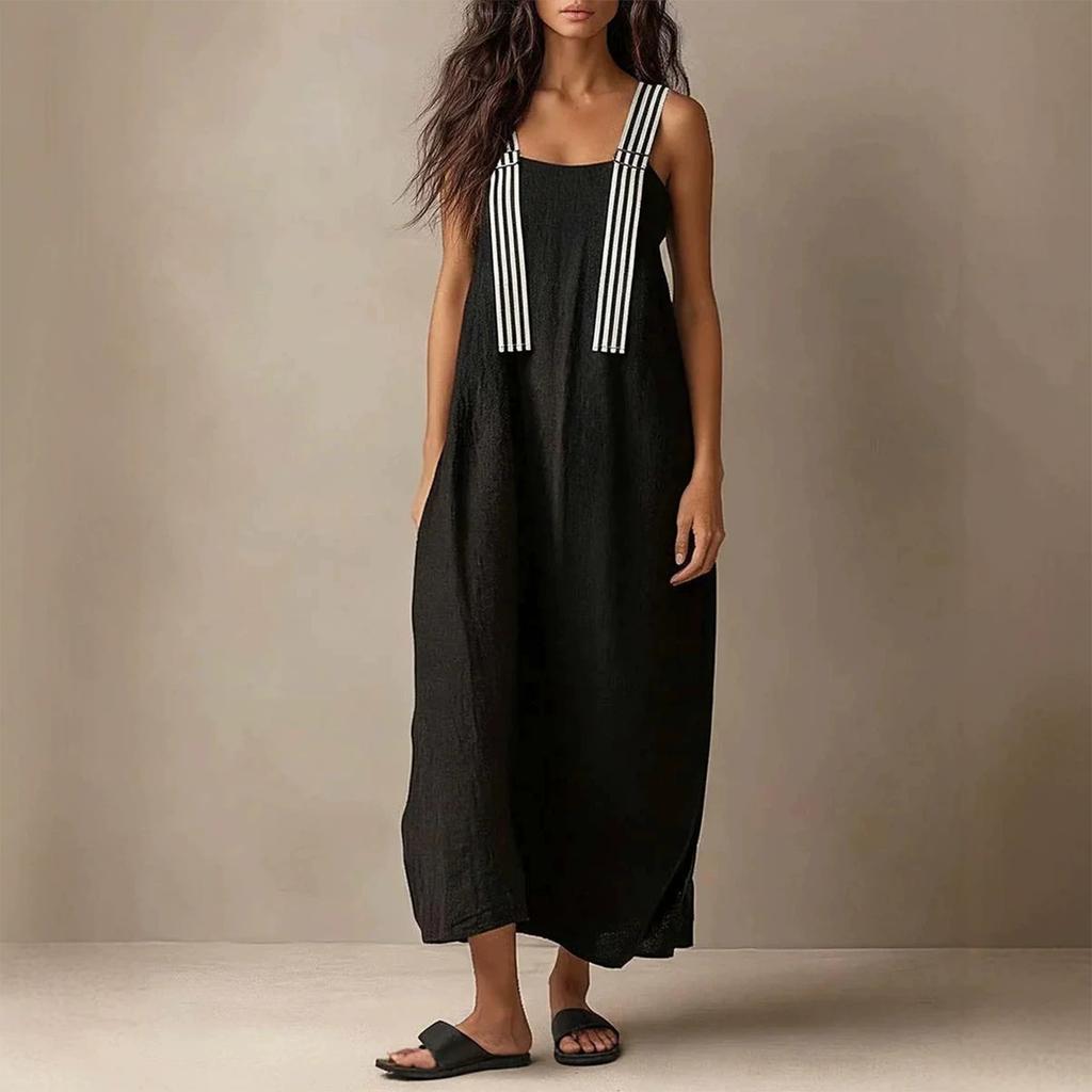 Women Sleeveless Loose Fit Casual Long Dress with Adjustable Striped Straps Lightweight Summer Maxi Dress for Daily Wear