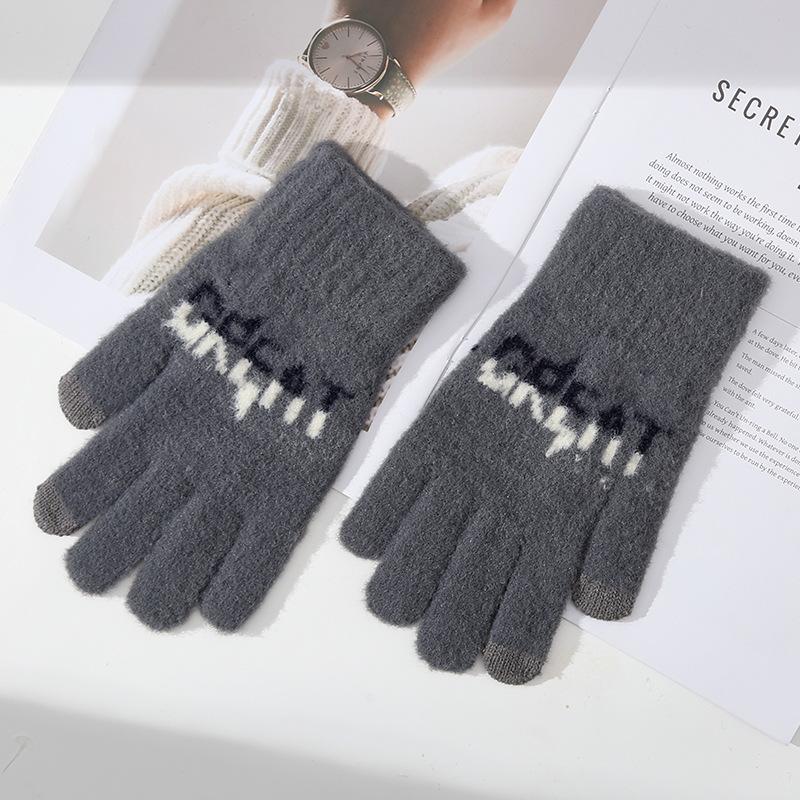 Touchable Screen New Autumn and Winter Men's Knitted Warm Gloves Cycling Cold Proof Letters Jacquard Cycling Fingers Five Fingers