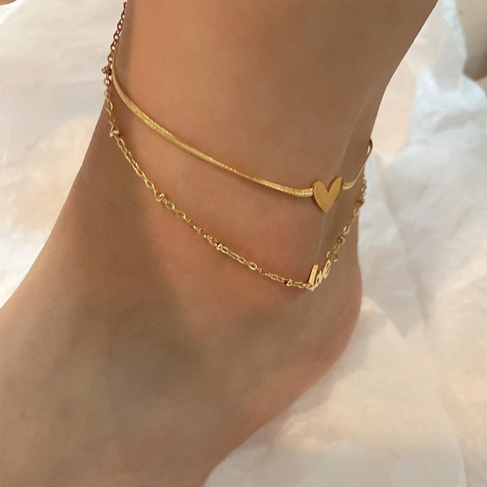 Barefoot Double-Layer Female Beach Gift Love Anklet Foot accessories Snake Chain Fashion Jewelry