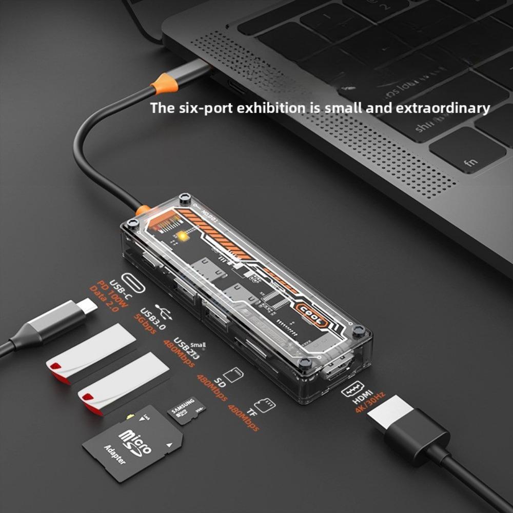 6 In 1 Type C Hub with Transparent Design USB 3 0 Adapter for Laptop MacBook Expand Ports Fast Data Transfer