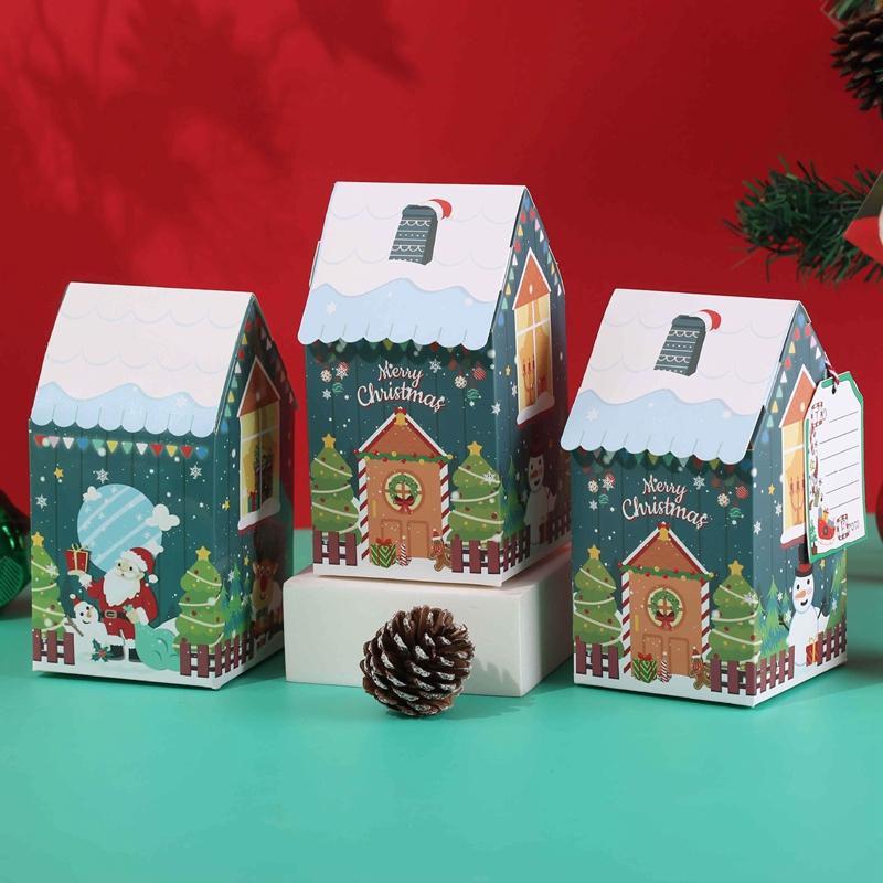 4 Stück Weihnachtsgeschenkbox in Hausform mit Anhänger Frohe Weihnachten Dekorationen für Zuhause Weihnachtsbaumschmuck Navidad 2024 Neujahr