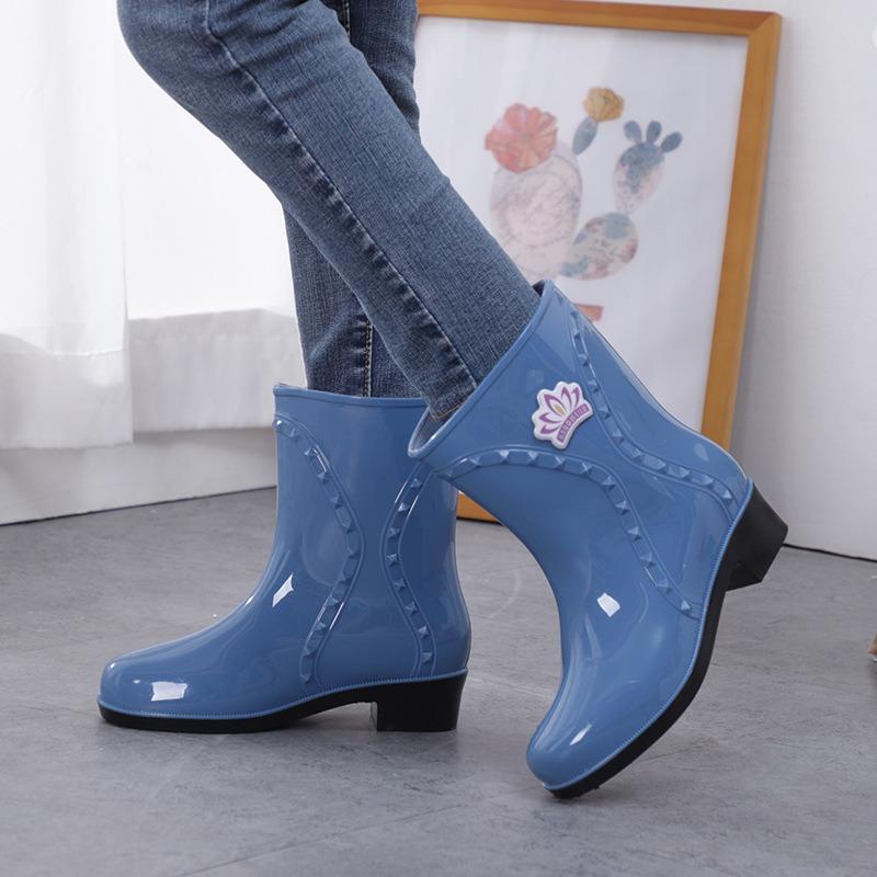 Rain Shoes Women's Medium Tube Half Tube Water Shoes Thickened Bottom Water Glue Shoes Water Boots Rain Boots Female Zhe Xing Velvet Non-slip