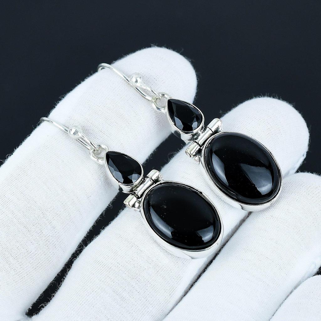 Black Onyx & Black Spinel Gemstone Earrings, 925 Sterling Silver Earrings, Silver Earrings For Gift, Dangle Drop Earrings For Birthday Gifts