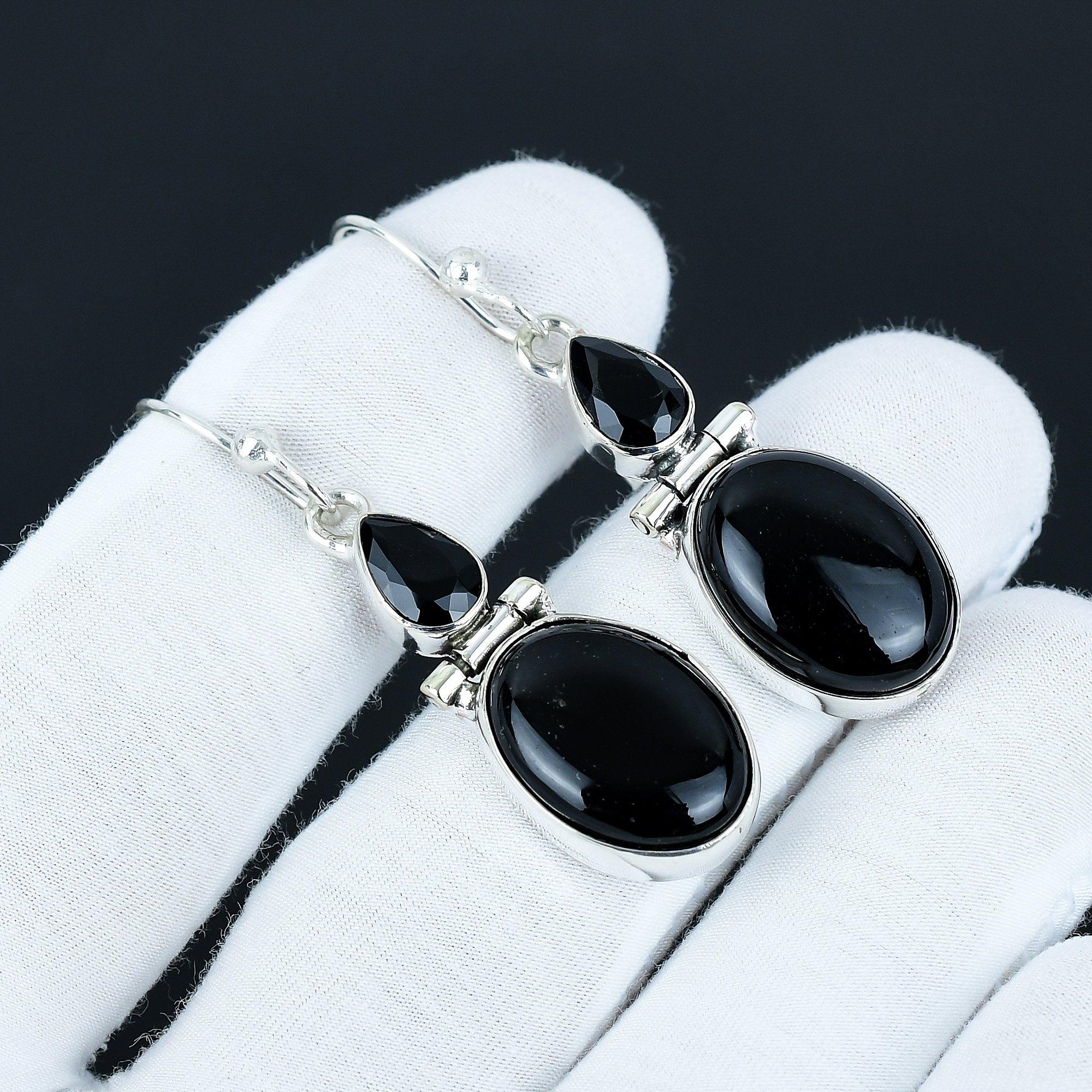 

Серьги с черным ониксом и черной шпинелью, серьги из стерлингового серебра 925 пробы, серебряные серьги для подарка, висячие серьги-капли для подарков на день рождения 5.5 Cm чёрный