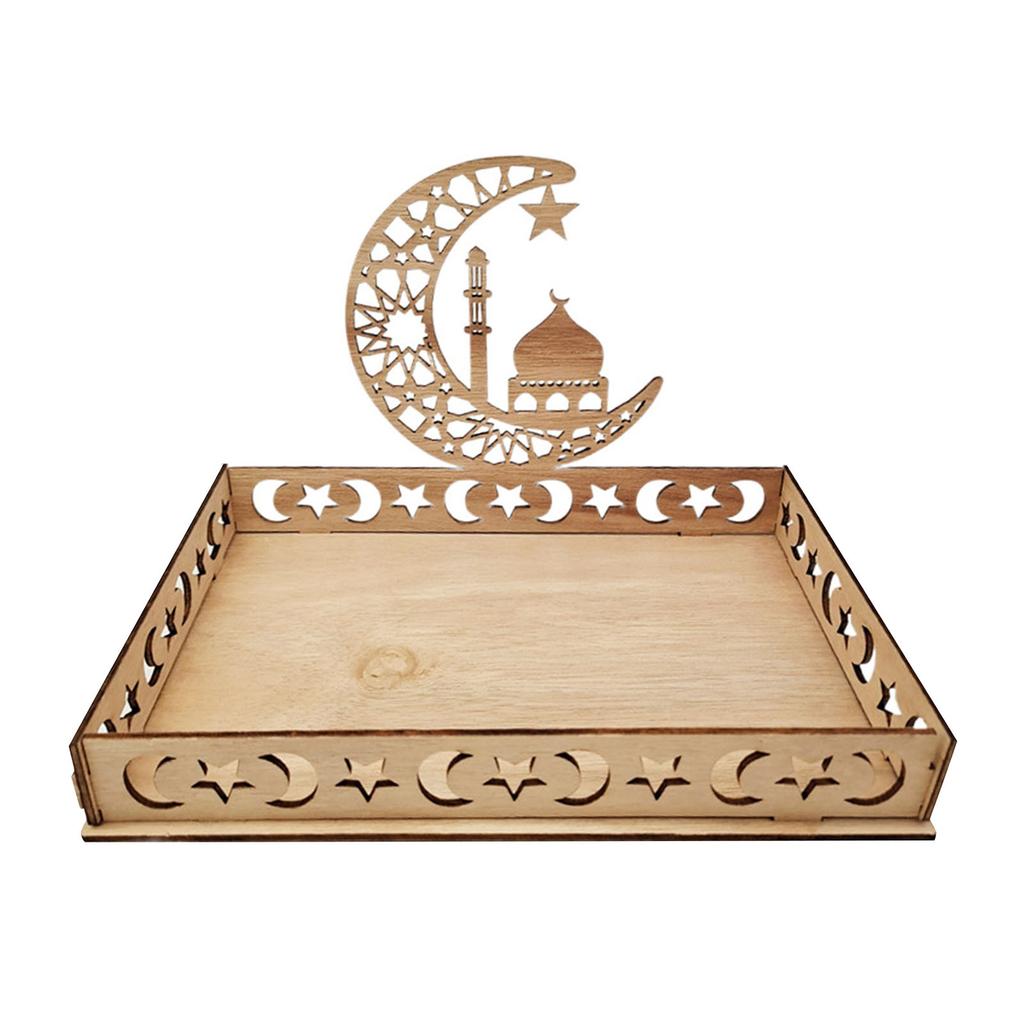 Wooden Eid Mubarak Decorative Tray Ramadan Crescent Moon Star Design Sweet Dessert Serving Platter Ramadan Table Centerpiece