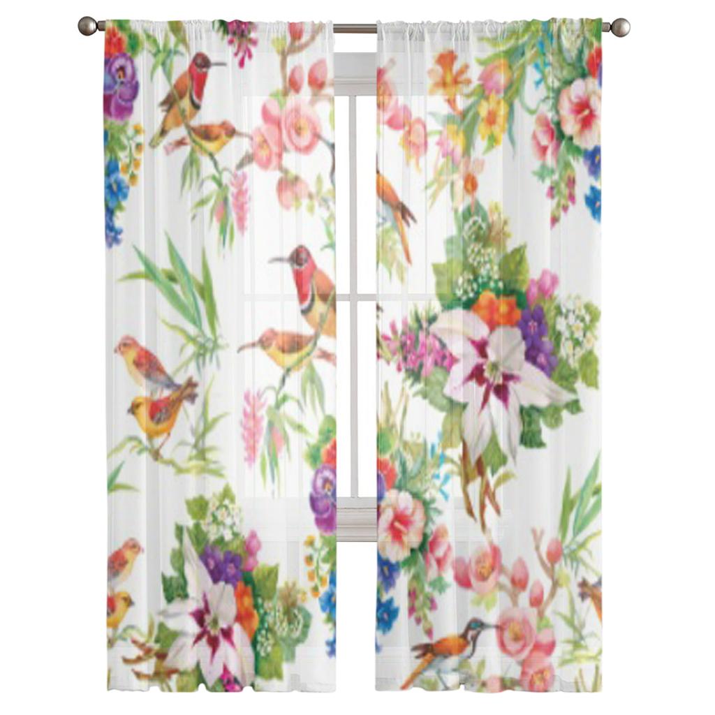 Flower Bird Tulle Sheer Curtains for Living Room Decoration Curtain for the Room Bedroom Kitchen Voile Organza Curtains