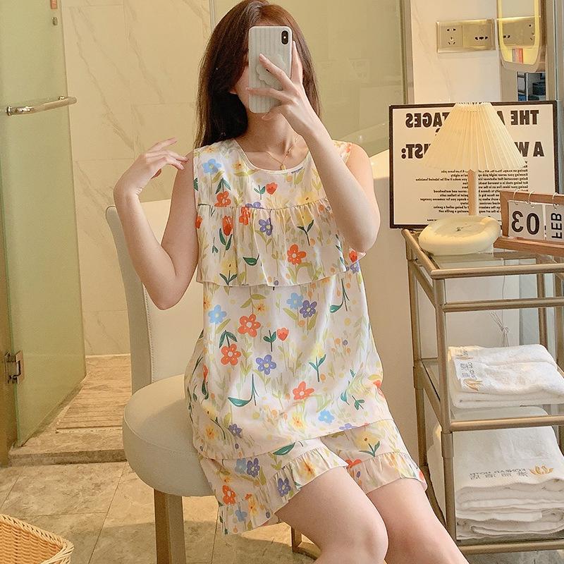 Anti-bumping Pajamas Women's Summer Ultra-thin Cotton and Silk Summer Vest Shorts Sleeveless Set Cool Cotton Silk Loungewear