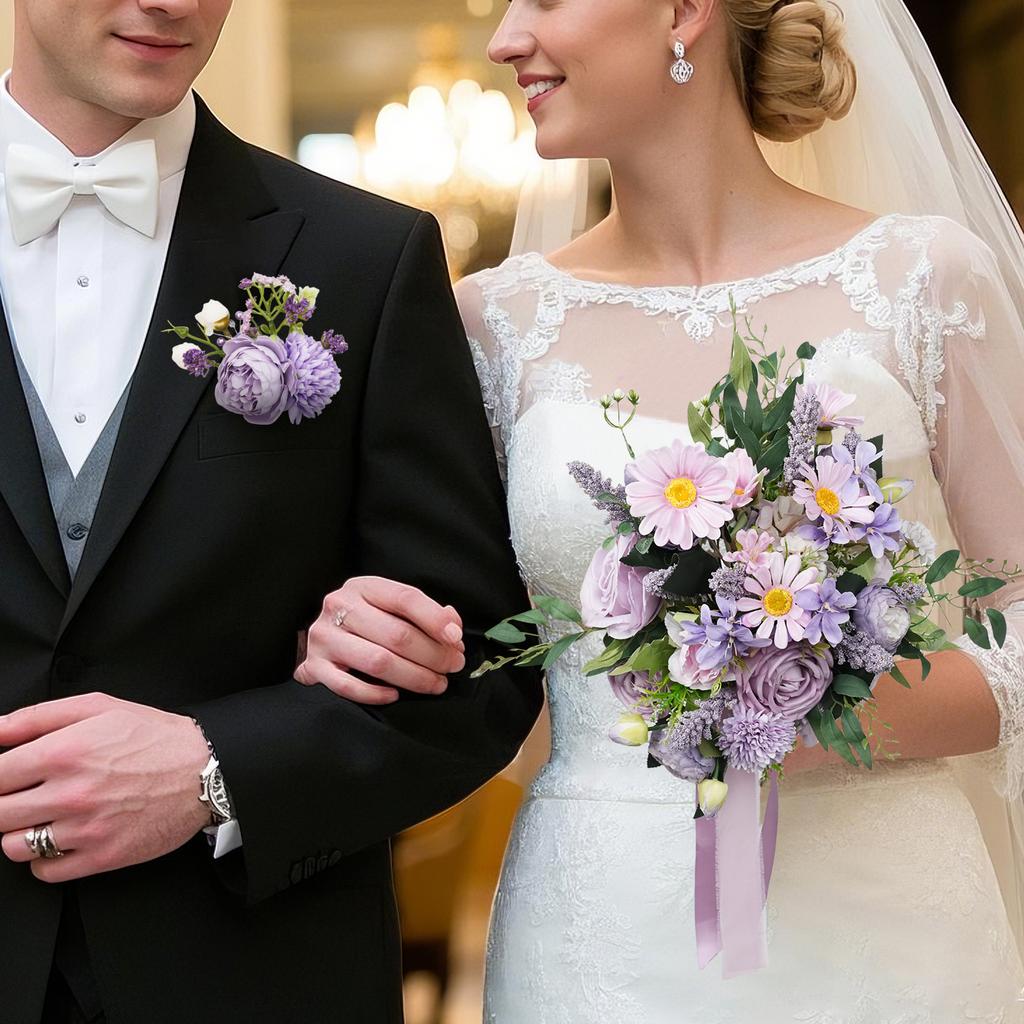 8PCS Purple Artificial Wedding Flowers Set Bridal Bouquet Boutonnieres Corsage for Wedding Ceremony Anniversary Prom Decor