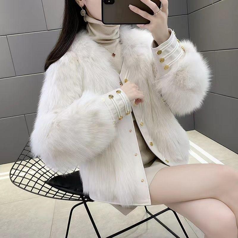 New imitation fox fur jacket winter temperament leather jacket short 2024 crew neck cotton coat young