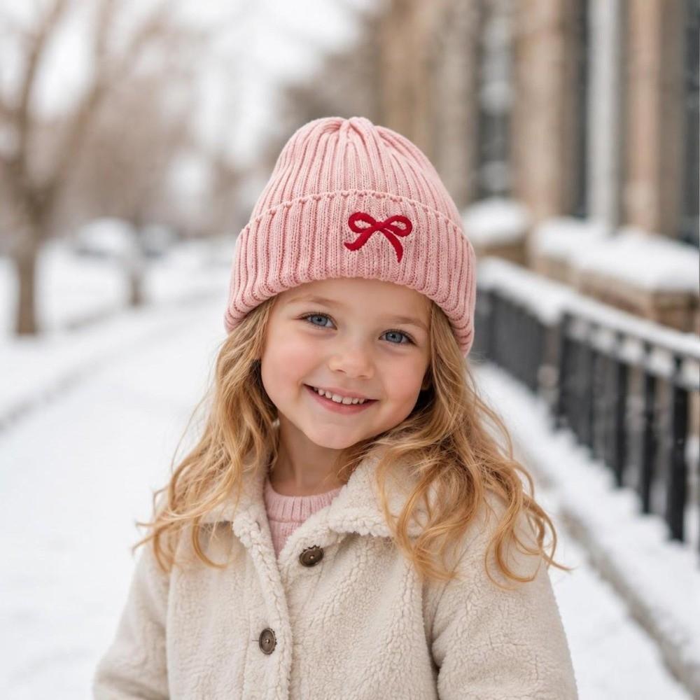 Embroidery Bow Knitted Beanie Cap Cold Proof Kids Knitted Hat cute Baby Knit Hat  Girls