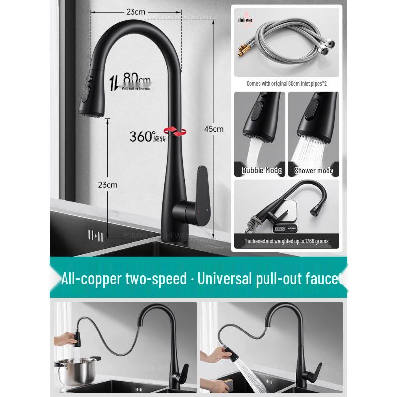 All-Copper Kitchen Pull-Out Faucet with 360° Rotation & Dual-Use Hot/Cold for Vegetable Sink