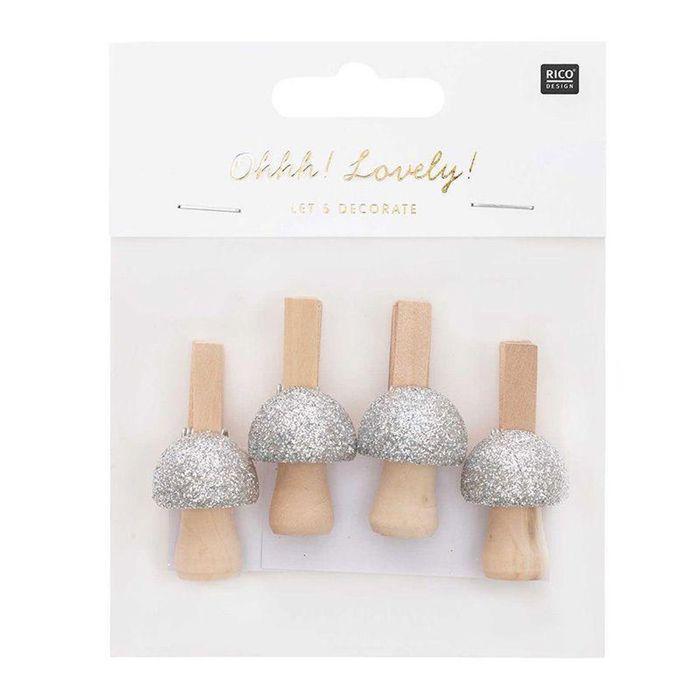 Pinces champignons - RICO DESIGN - 3 x 2,3 cm - Bois - Argenté - Décoratif Noël
