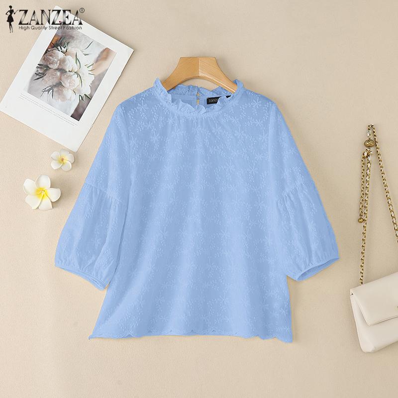 ZANZEA Women Casual Round Neck 3/4 Sleeve Loose Patchwork Cover Up Blouse