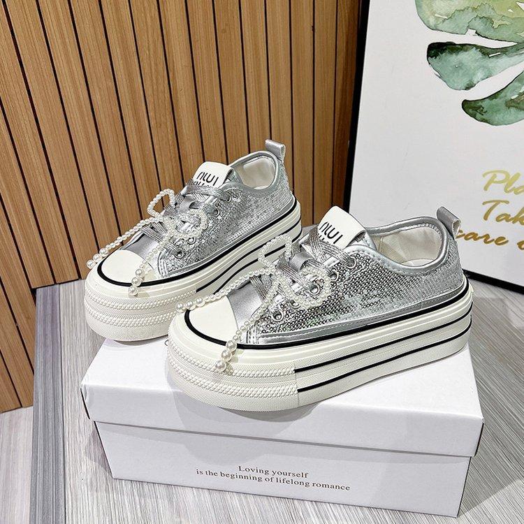 European Sequined Canvas Shoes Low-top Muffin and Platform Shoes Children's 2025 New Popular Versatile Casual Board Shoes Tide