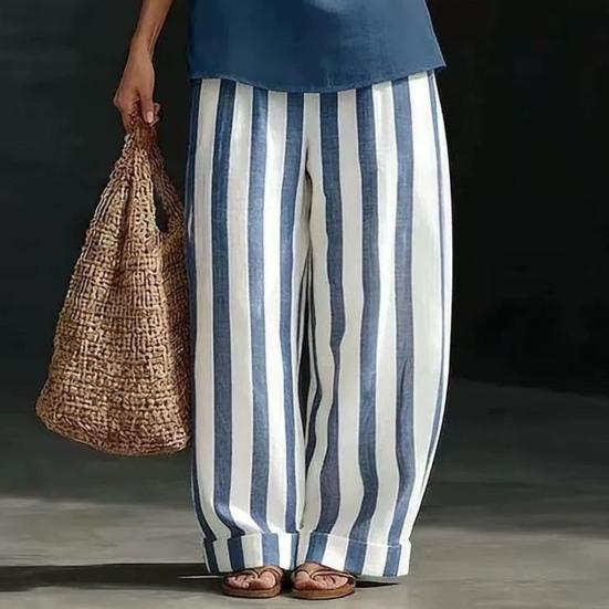 Women Cotton Linen 2 Piece Sets Sleeveless Halter V Neck Top And Striped Wide Leg Pants Sets Summer Vacation Lounge Outfits