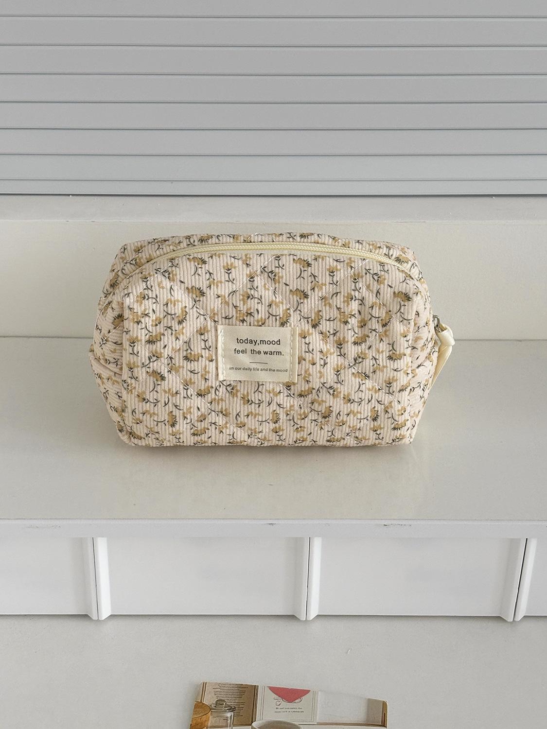

Korean Style Yellow Floral Corduroy Makeup Bag - Large Capacity Wash Bag