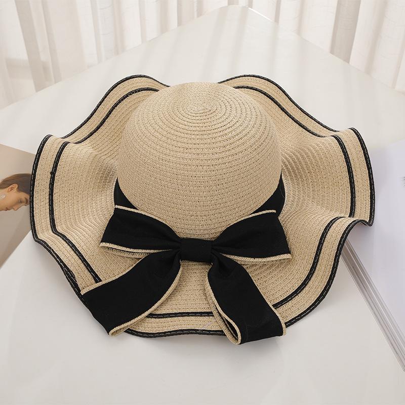 New Women's Summer UV Protection Sweet Ribbon Seaside Vacation Sunshade Bucket Hat Bow Large Brim Straw Hat