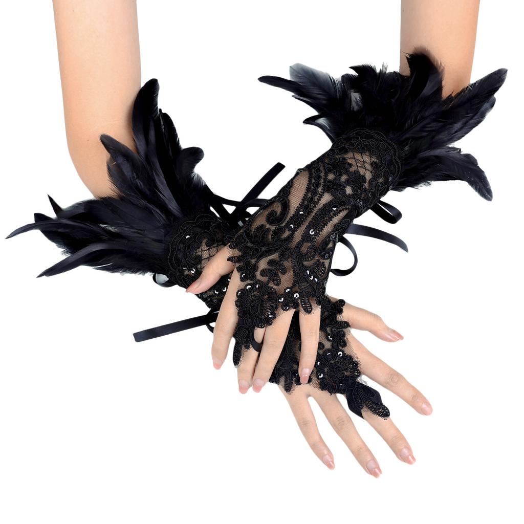1 pair of Halloween feather fingerless gloves-black lace arm cuffs for parties and dance events