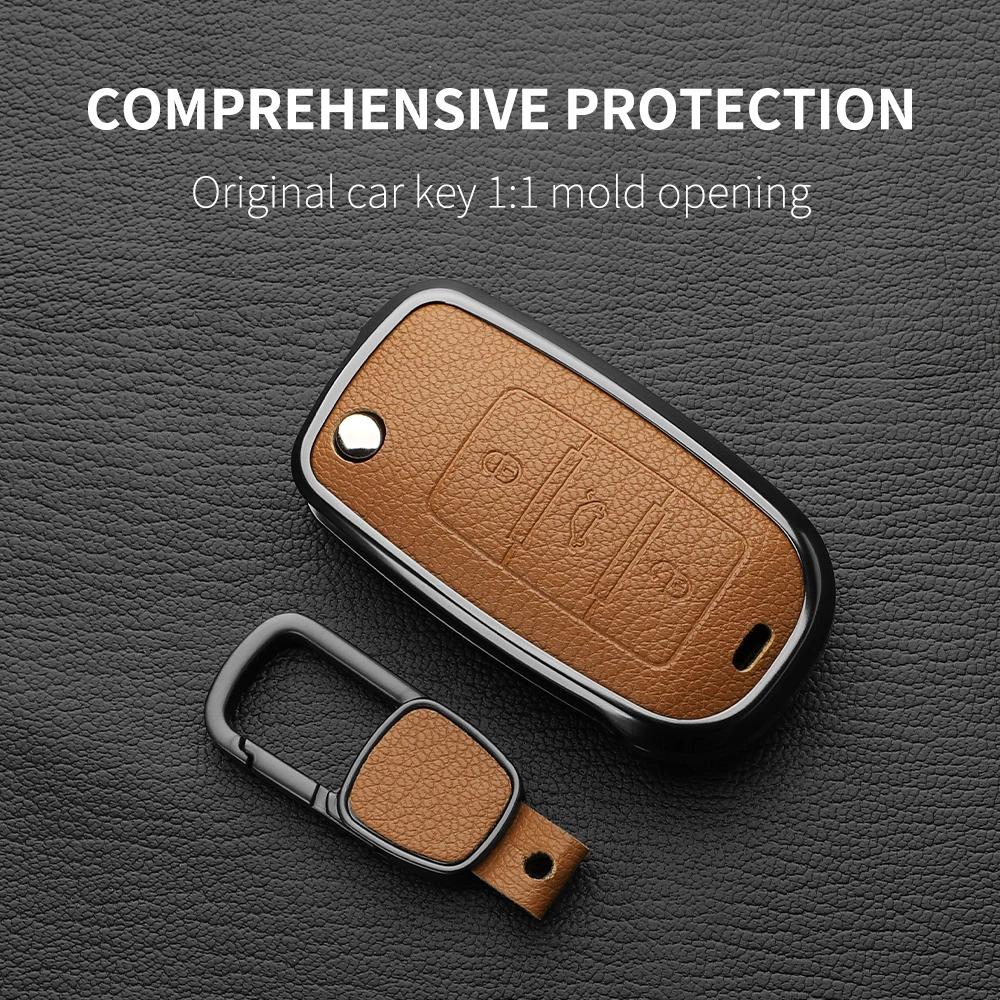 Metal And Leather 3 Button Car Key Case Cove For Vw Volkswagen Beetle Caddy Eos Golf Jetta Polo Scirocco Tiguan Touran Up