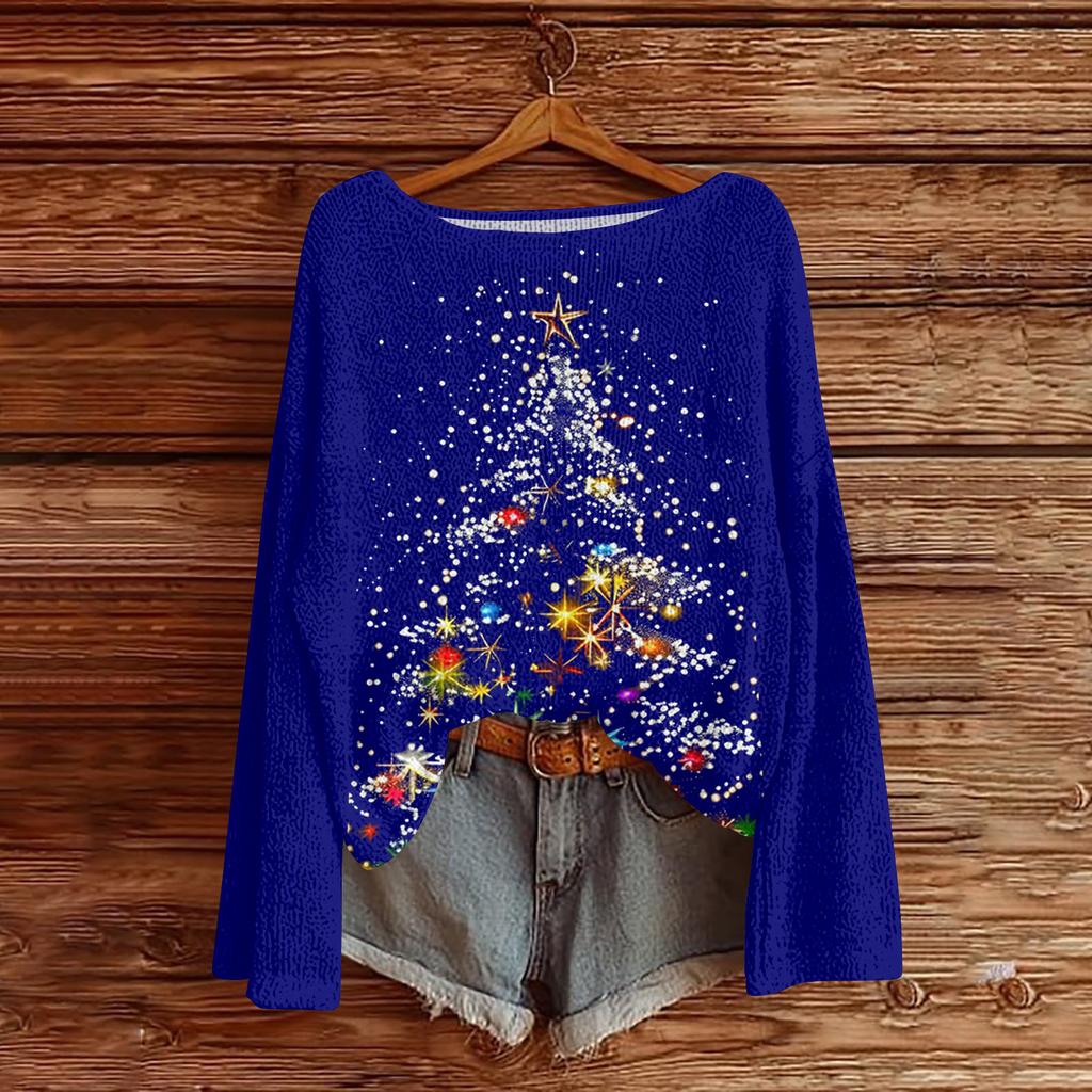 Women's Casual Fashion Round Neck Top Christmas Print Long Sleeve Knit Pullover