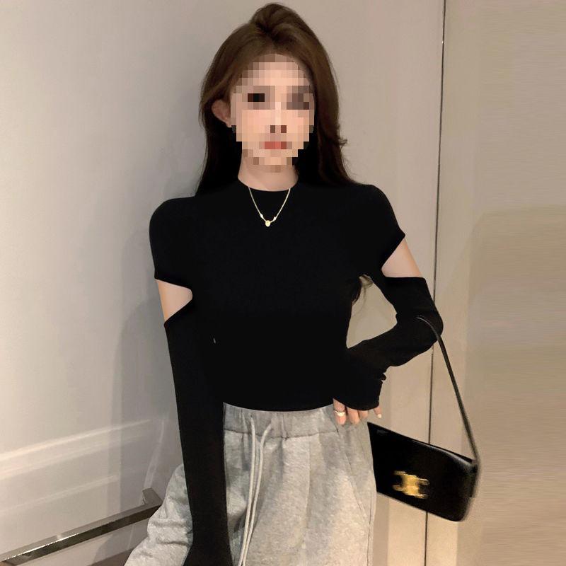 Women's Black Ribbed Slimming Semi-High Neck Knitted Top - Long Sleeve Autumn/Winter Fashion