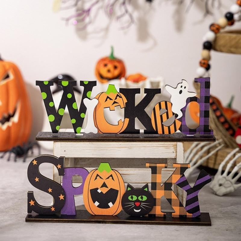 Eerie Wood Crafted Ornament Stylish Wood Halloween Letter Ornament Decoration for Enthusiastic Decorators