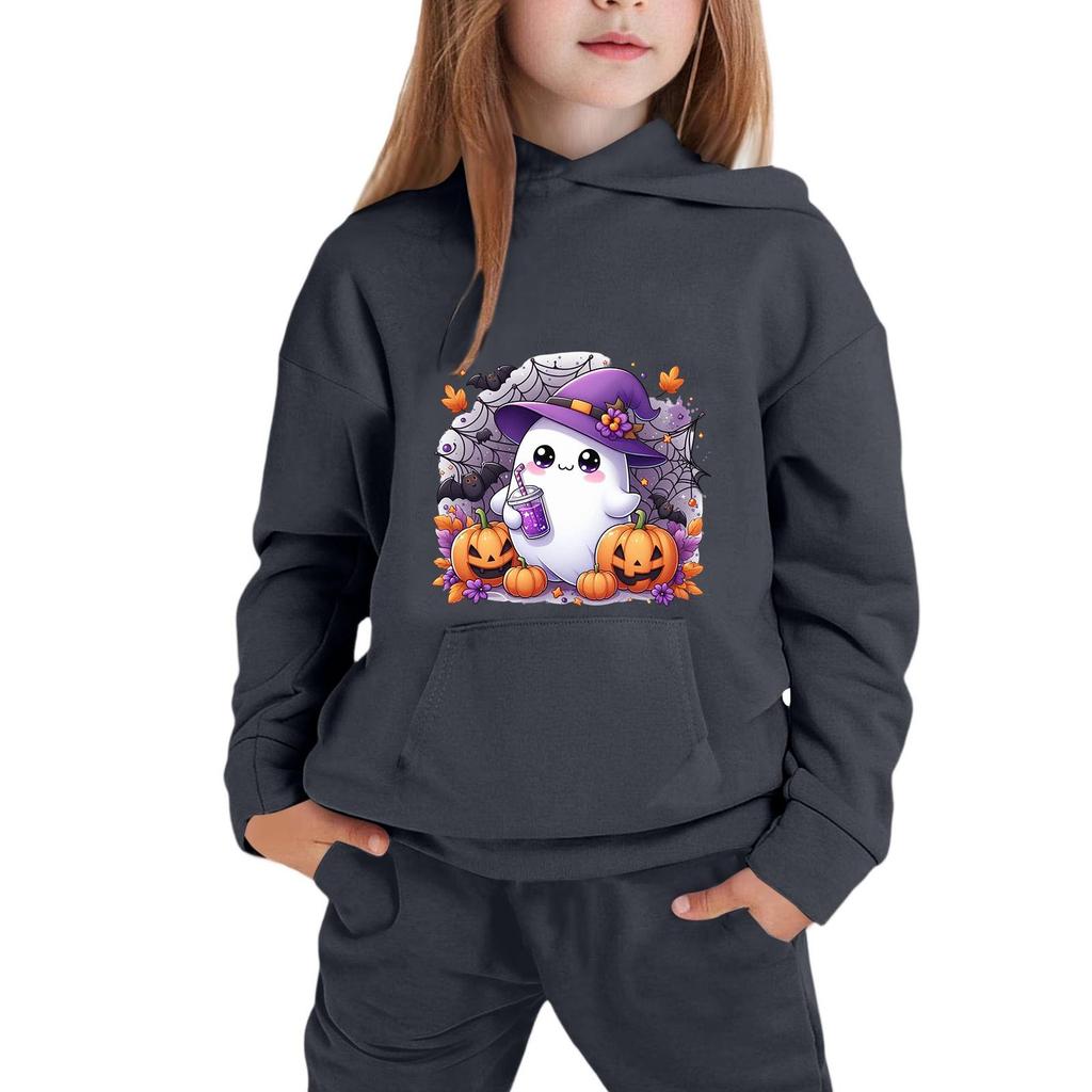 Kids Halloween Hoodie Pullover Sweatshirt with Ghost Pumpkin Print Long Sleeve Casual Top for Boys Girls